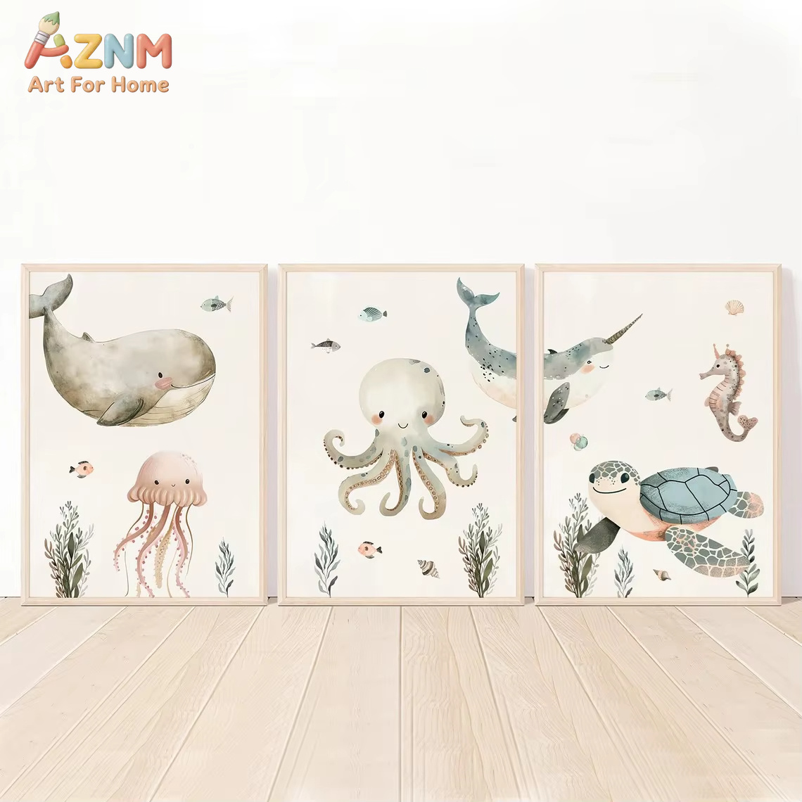 Baby Nursery Prints - AZNM Watercolor Cute Ocean Animal Canvas