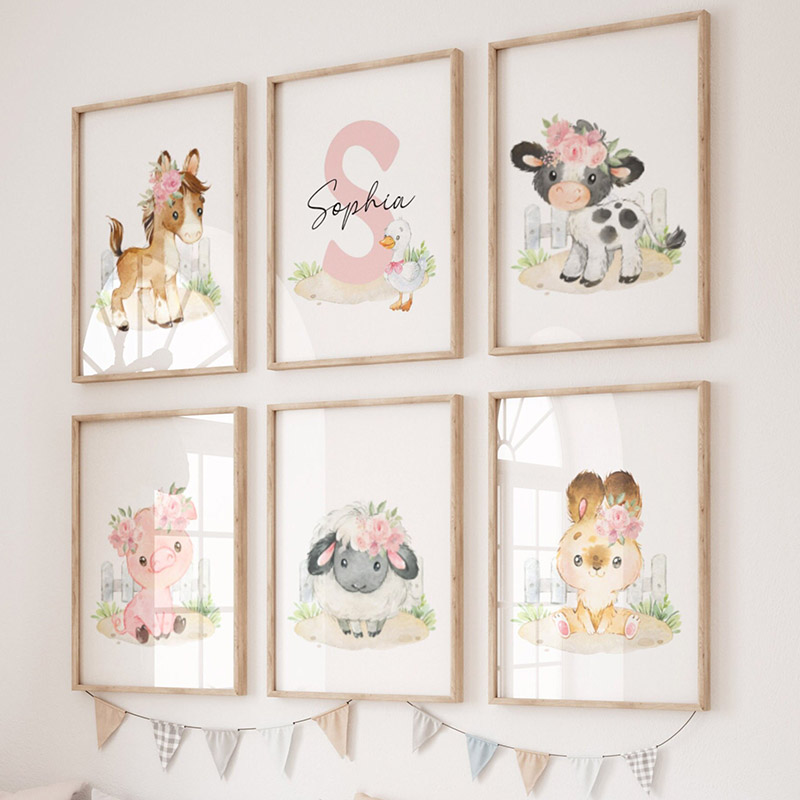 Baby Nursery Prints - Pink Horse Rabbit Chicken Pig Dog