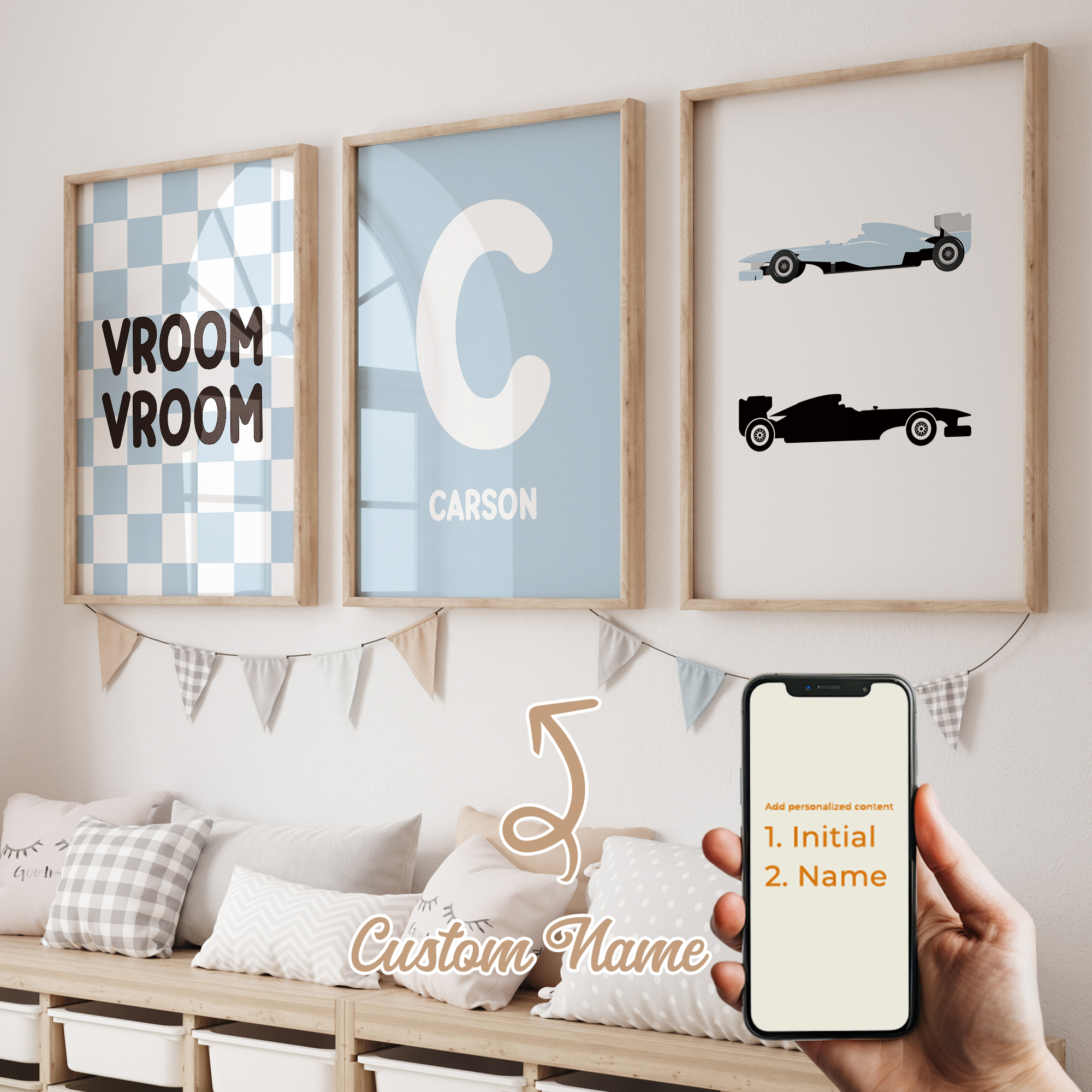 Baby Nursery Name - 3pcs Personalized Custom Name Cartoon Bule