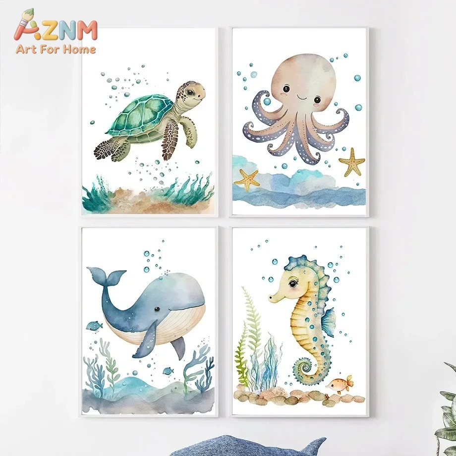 Baby Nursery Prints - Cute Whale Sea Horse Octopus Crab