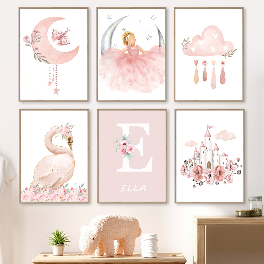 Baby Nursery Prints - Pink Angel Girl Sun Moon Cloud