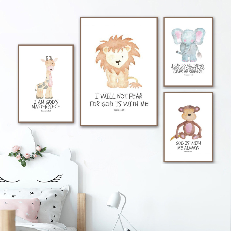 Baby Nursery Prints - Bible Verse Animal Prints Watercolor Safari