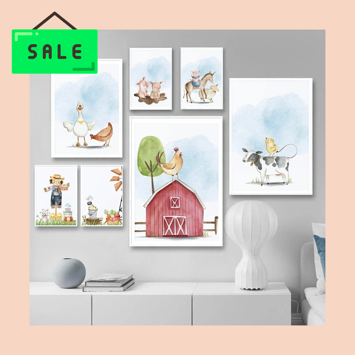 Baby Nursery Prints - Children Minimalist Cute Farm Cartoon Animal
